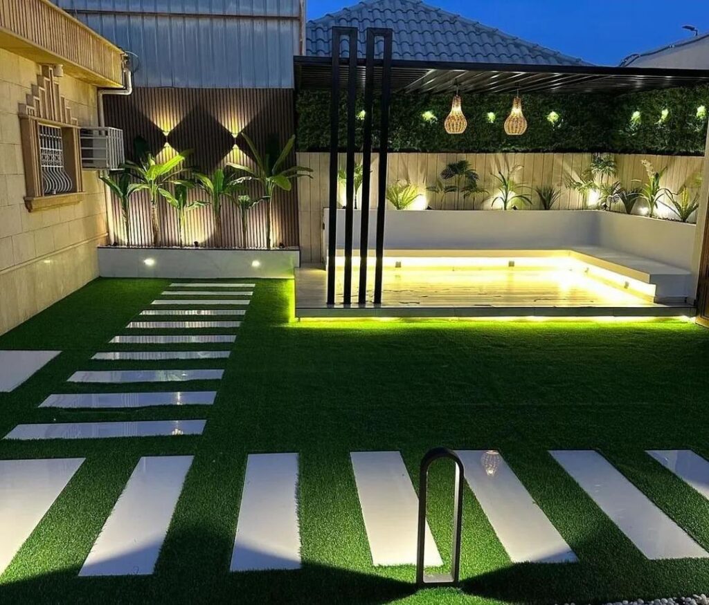 تصميم ديكورات حدائق مودرن وجلسات خارجية في حي الخالدية بالأحساء